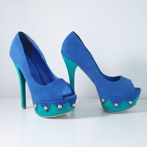Liliana Size 7 Pumps Phoebe Blue Green Peep Toe Gold Stud Faux Suede High Heel
